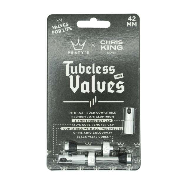 Bekamerinės sistemos ventiliai PEATY S X CHRIS KING (MK2) SILVER TUBELESS VALVES 42MM (PTV2-42-SIL-12)