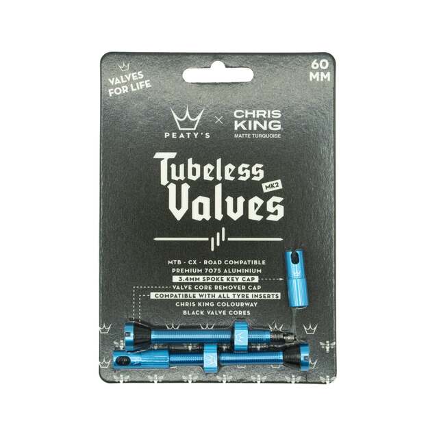 Bekamerinės sistemos ventiliai PEATY S X CHRIS KING (MK2) TURQUOISE TUBELESS VALVES 60MM (PTV2-60-TRQ-12)