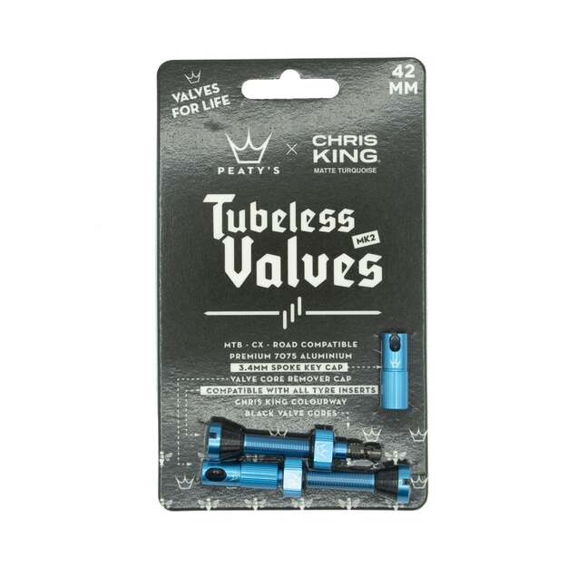 Bekamerinės sistemos ventiliai PEATY S X CHRIS KING (MK2) TURQUOISE TUBELESS VALVES 42MM (PTV2-42-TRQ-12)