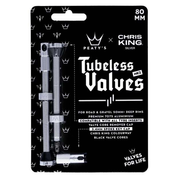 Bekameriniai ventiliai PEATY S X CHRIS KING (MK2) SILVER TUBELESS VALVES - 80MM (PTV2-80-SIL-12)